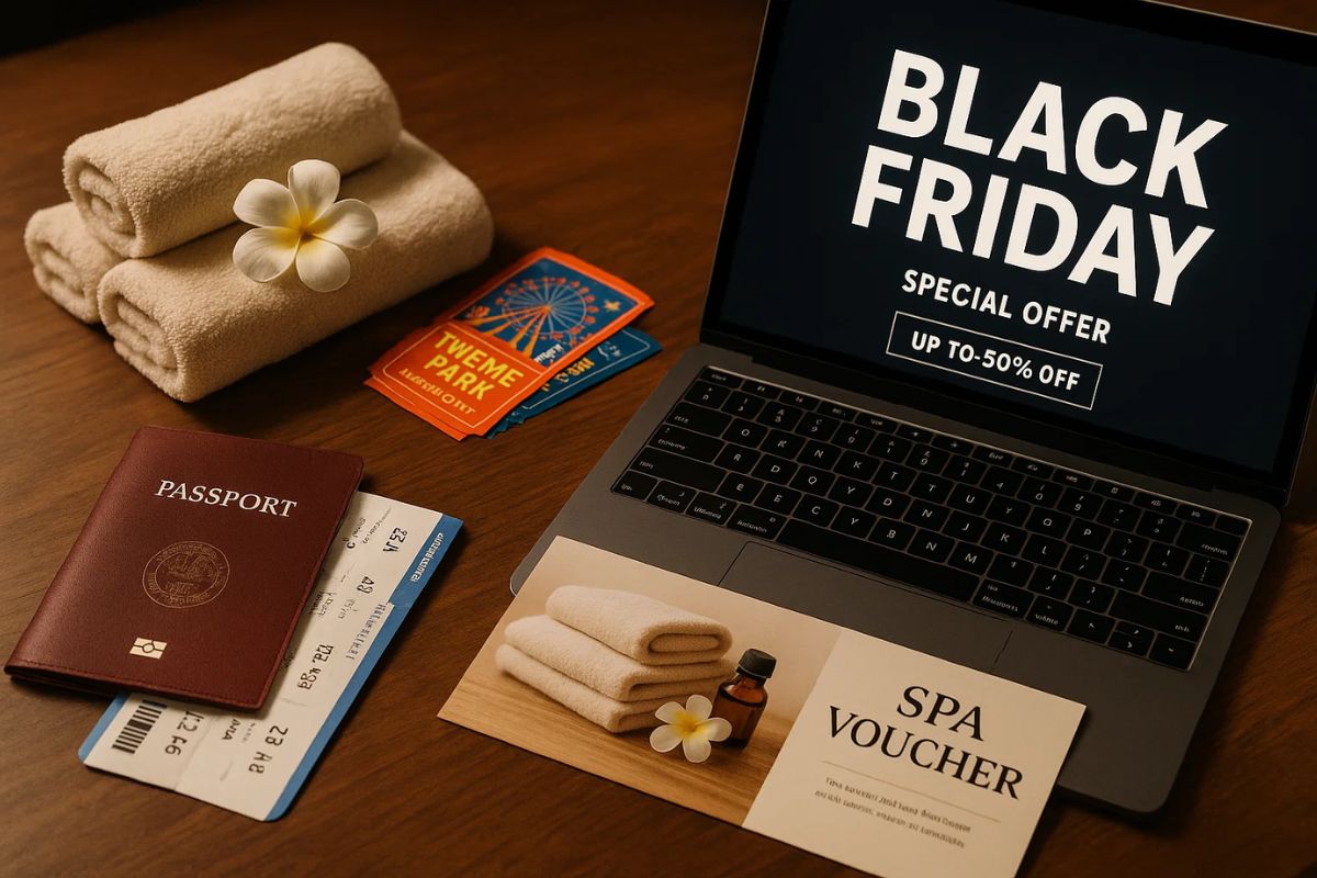 Black Friday na tela do notebook, há itens como passaporte, toalha e tickets na mesa de madeira