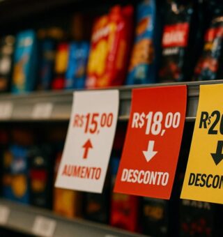 Uma prateleira em Black Friday com duas placas de desconto e uma de aumento