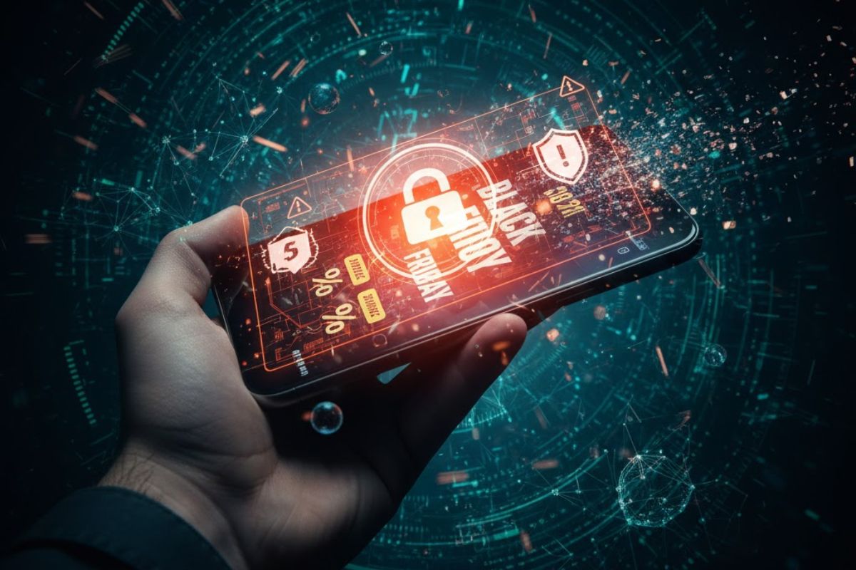 Uma pessoa segura o celular com o acesso à tela de Black Friday