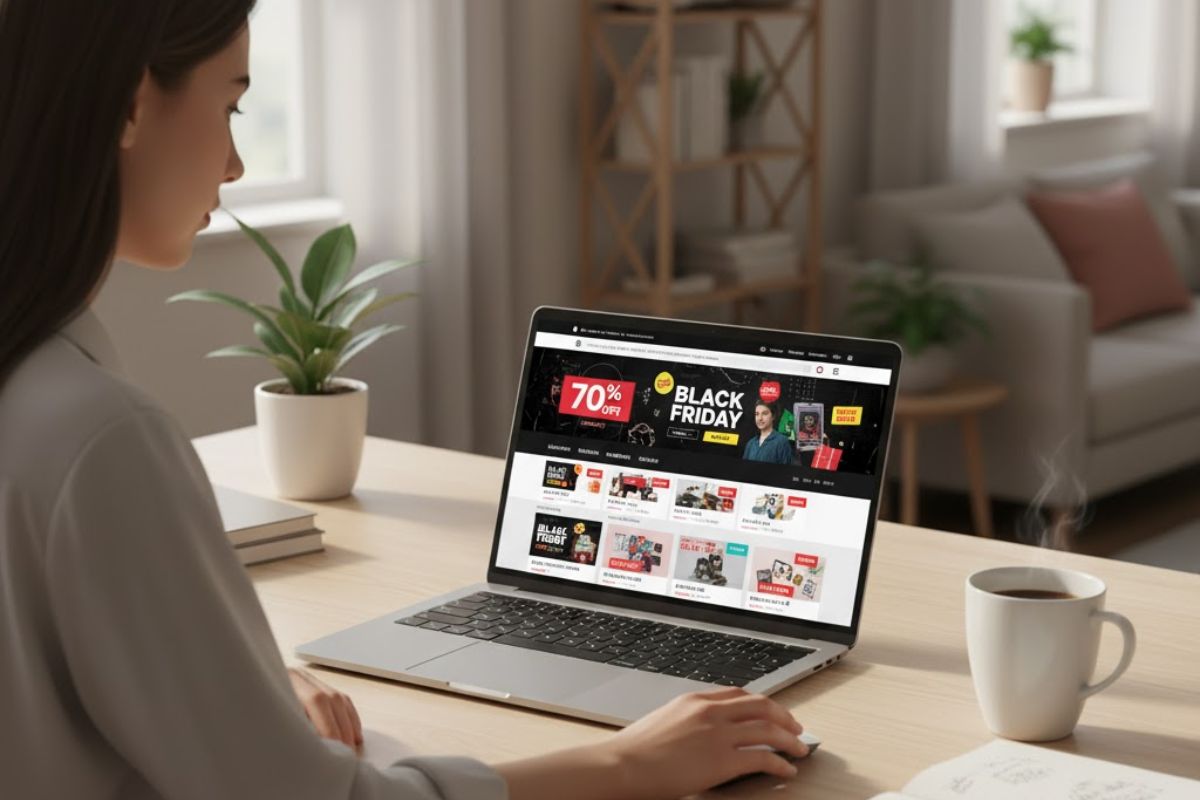 Uma mulher em frente ao seu notebook fazendo uma pesquisa de Black Friday