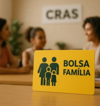 Bolsa Família. Um escritório do CRAS com uma atendente e mãe e filha