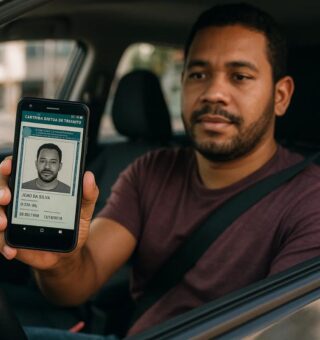 Um motorista segurando a sua CNH no celular