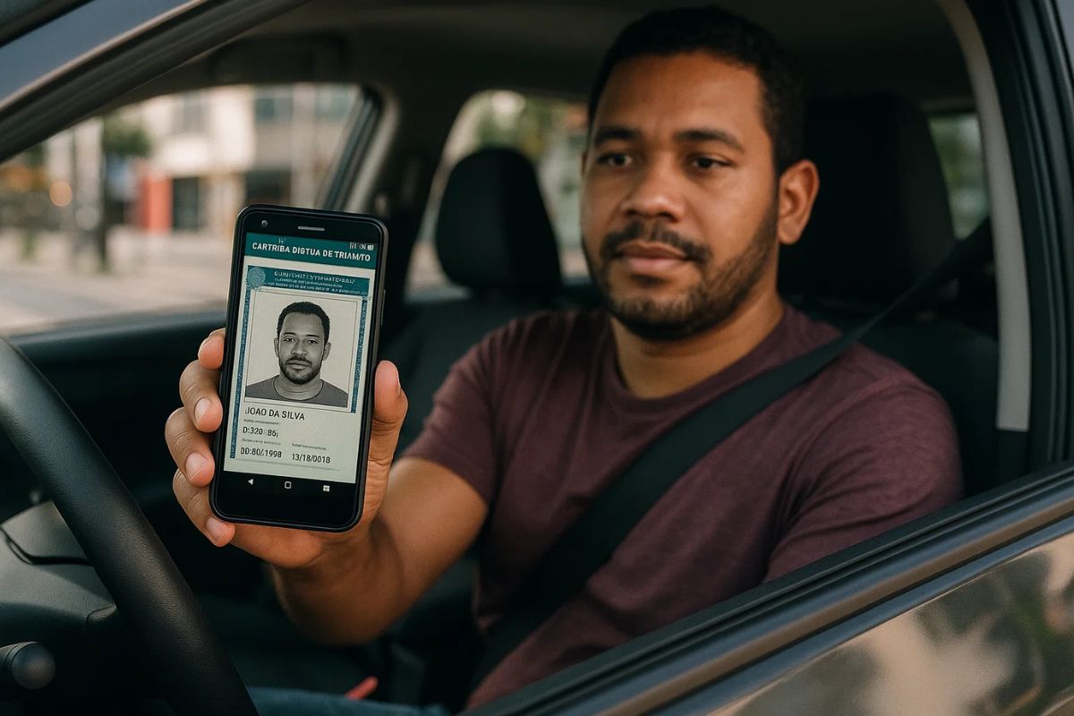 Um motorista segurando a sua CNH no celular