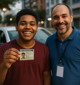 Um jovem feliz com o documento na mão após fazer sua CNH Social para jovens de 18 anos