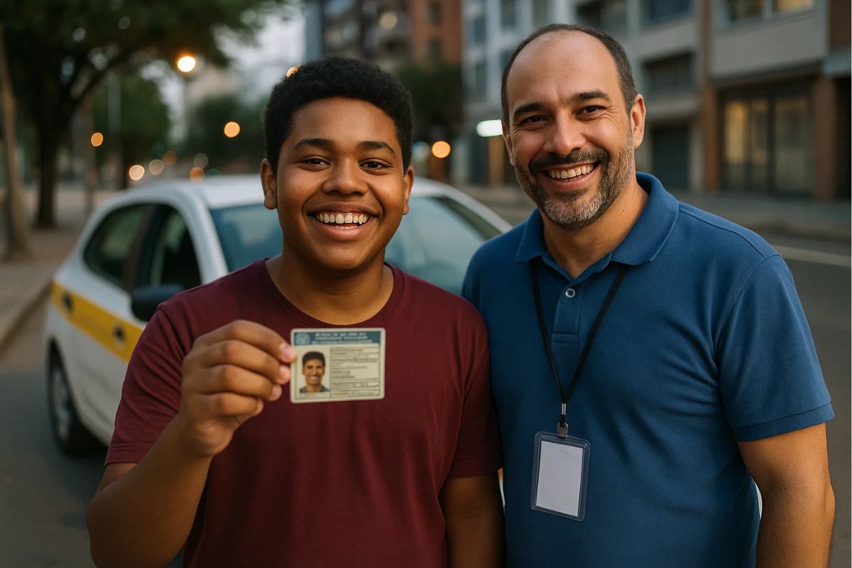 Um jovem feliz com o documento na mão após fazer sua Cnh Social