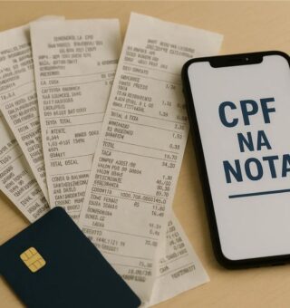 um celular e na tela está escrito CPF na Nota ao lado de um cartão em cima de 4 notas fiscais
