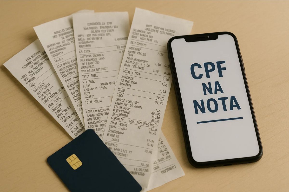 um celular e na tela está escrito CPF na Nota ao lado de um cartão em cima de 4 notas fiscais