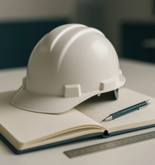 Mesa com um caderno e um chapéu de construção. É onde um aluno se prepara para o cargo de arquiteto da Caixa