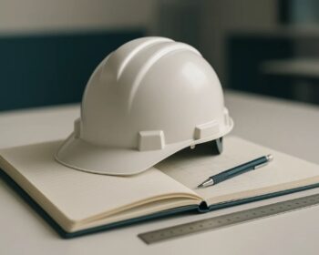 Mesa com um caderno e um chapéu de construção. É onde um aluno se prepara para o cargo de arquiteto da Caixa