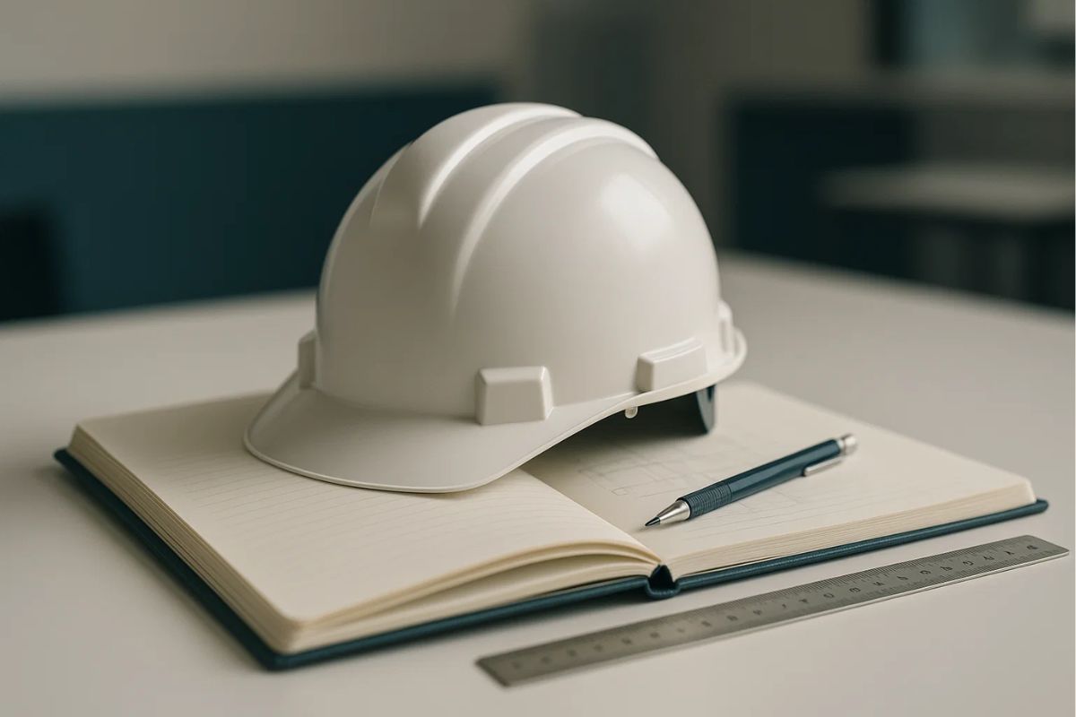 Mesa com um caderno e um chapéu de construção. É onde um aluno se prepara para o cargo de arquiteto da Caixa