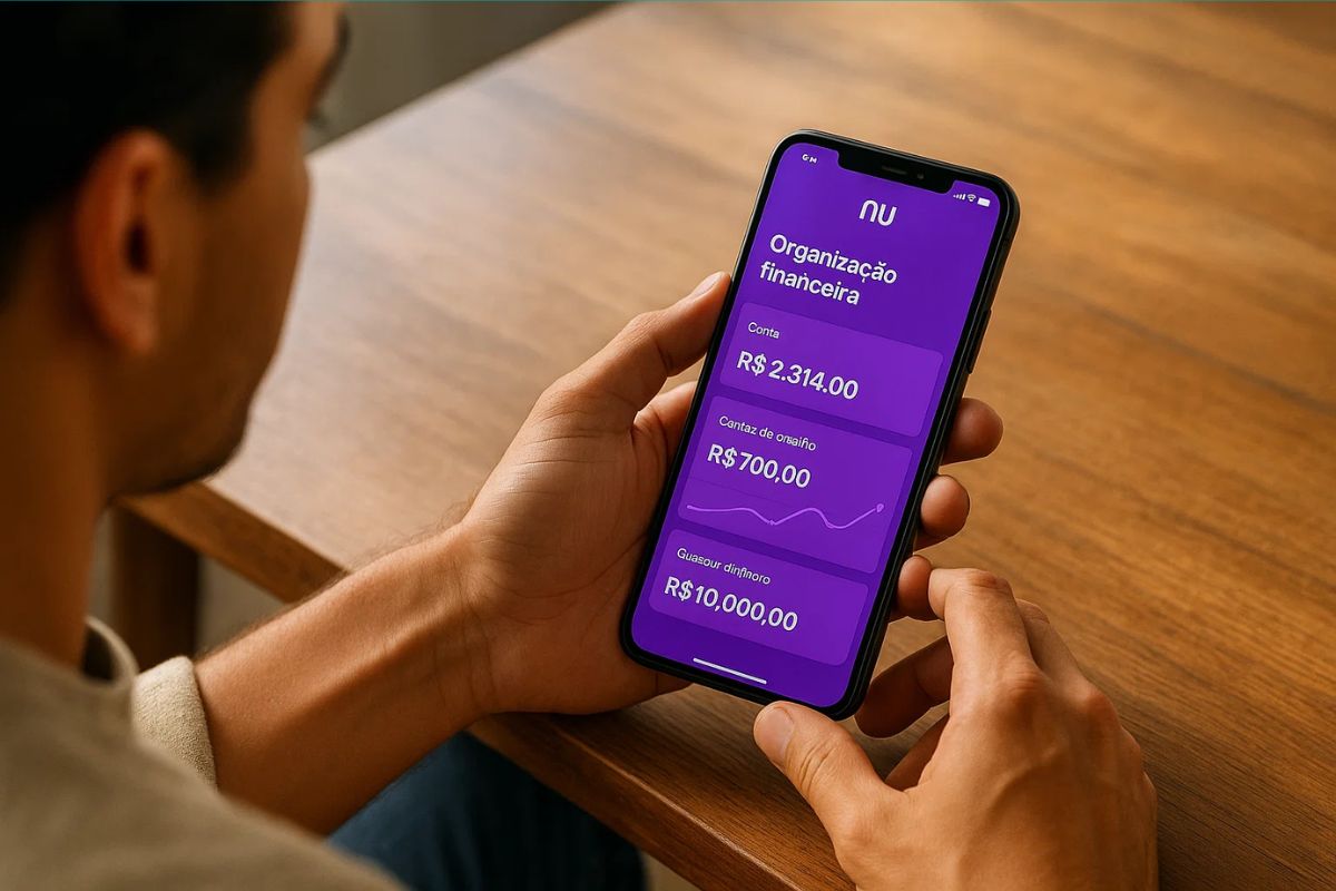 Uma pessoa com o celular na mão, acessando a caixinha do Nubank