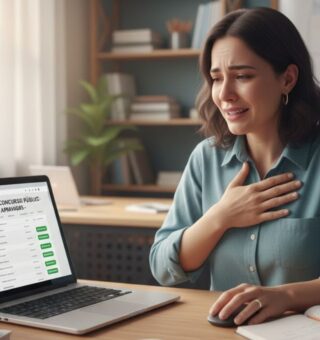 Uma mulher vendo sua aprovação no Concurso SEE-MG 2025 (Consulplan)