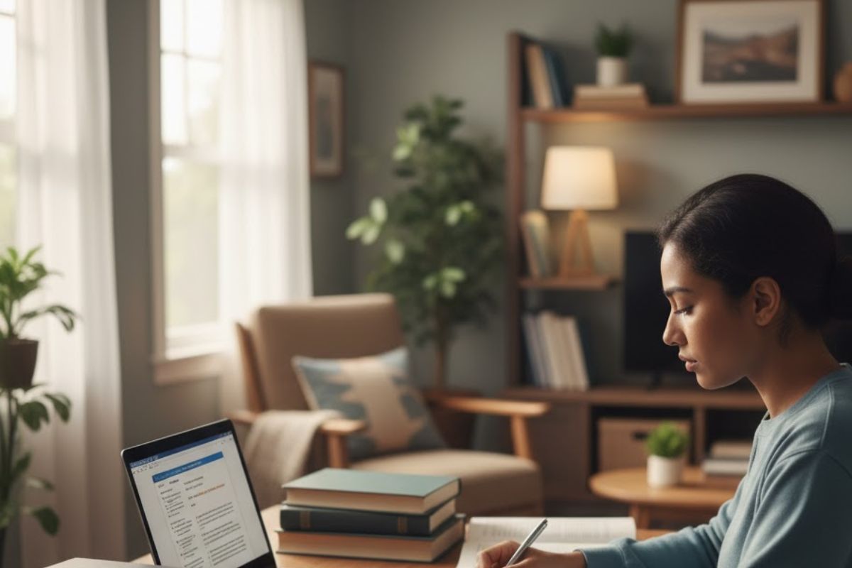 Uma mulher se preparando para um concurso público em que se trabalha 6 horas por dia