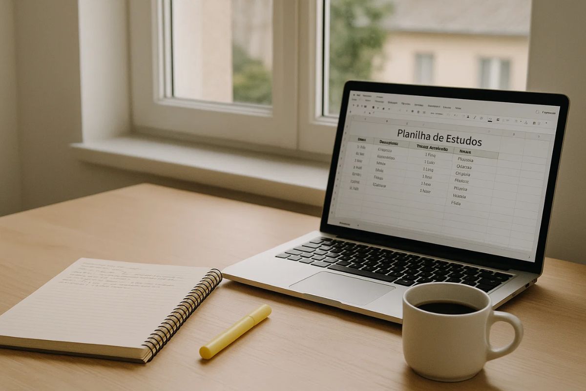 Uma mesa organizada por alguém que está se preparando para um concurso