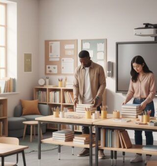 Dois professores na sala de aula após a aprovação no concurso
