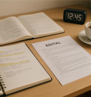 Mesa de uma pessoa com matérias e a folha de um edital
