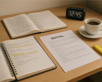 Mesa de uma pessoa com matérias e a folha de um edital