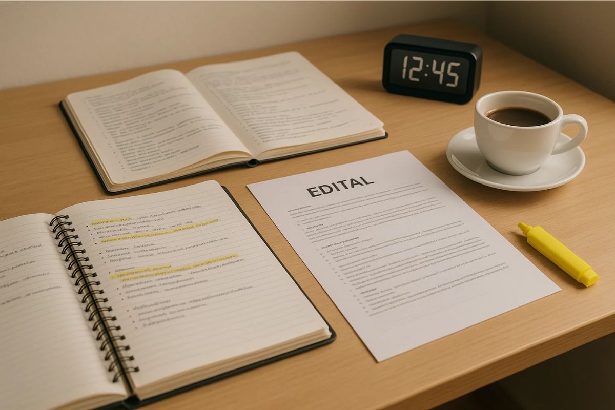 Mesa de uma pessoa com matérias e a folha de um edital