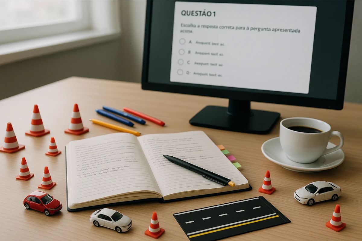 Mesa de uma pessoa que está se preparando para o Concurso Detran