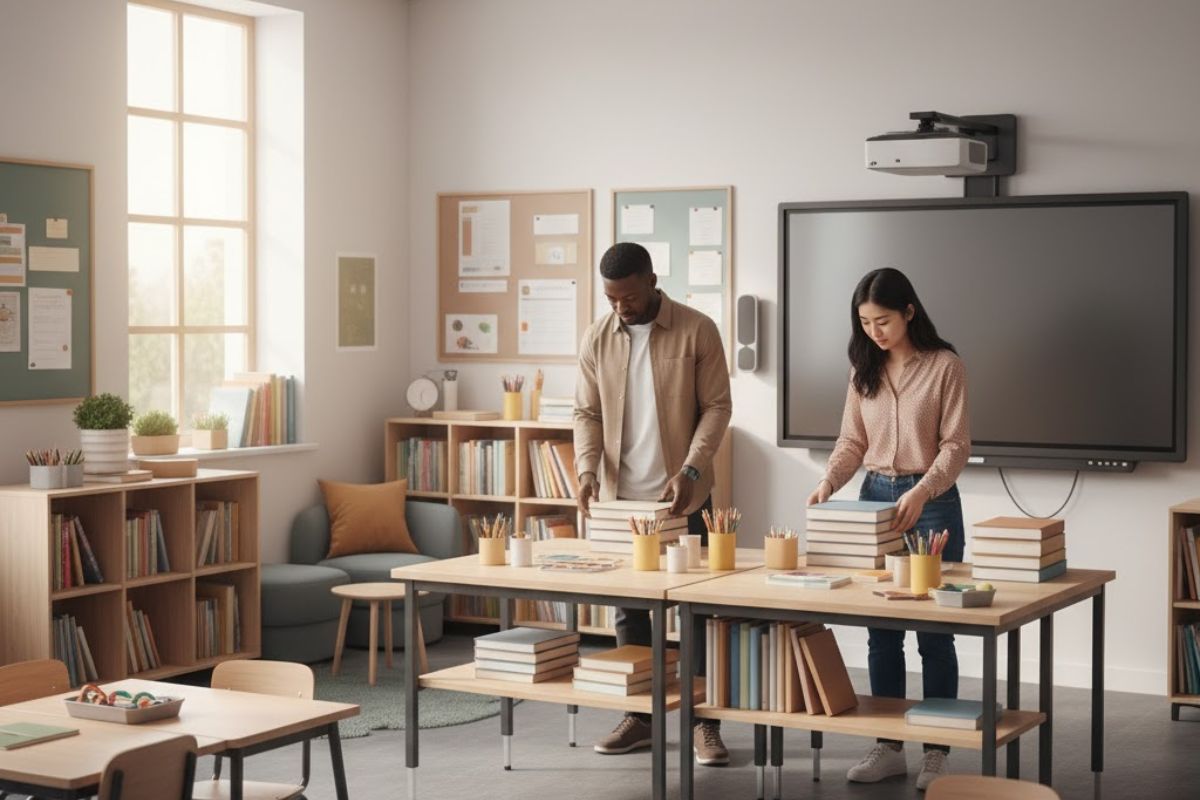 Dois professores na sala de aula após a aprovação no concurso