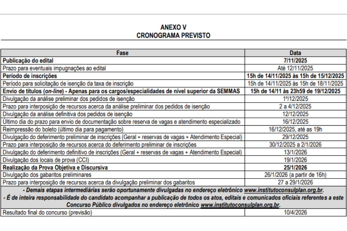 Cronograma do concurso