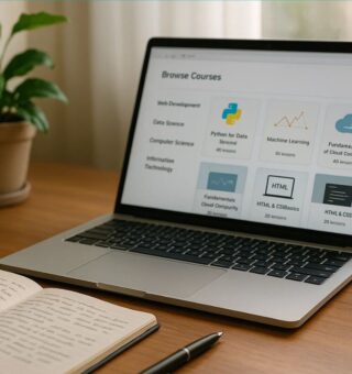 Um notebook em uma página de diferentes cursos gratuitos