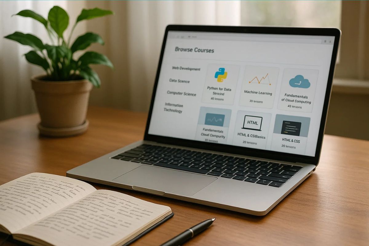 Um notebook em uma página de diferentes cursos gratuitos