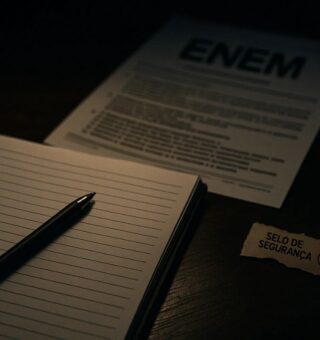 Prova do ENEM atrás de um caderno com caneta em cima