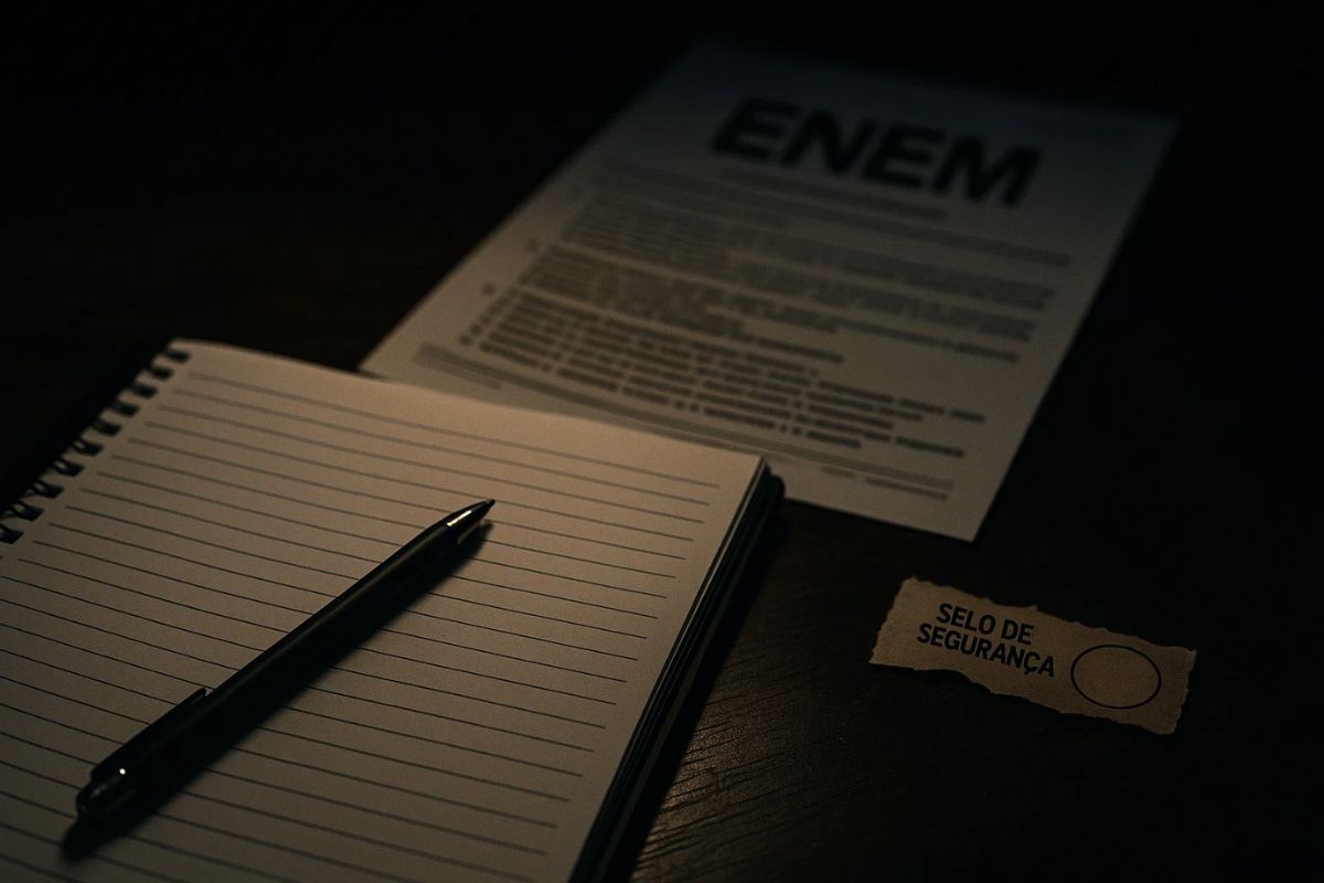 Prova do ENEM atrás de um caderno com caneta em cima