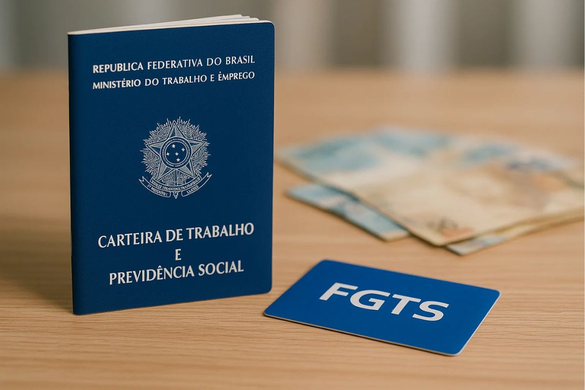 Carteira de trabalho ao lado de um cartão FGTS