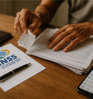 Um rapaz com seus documentos do INSS para pedir a aposentadoria