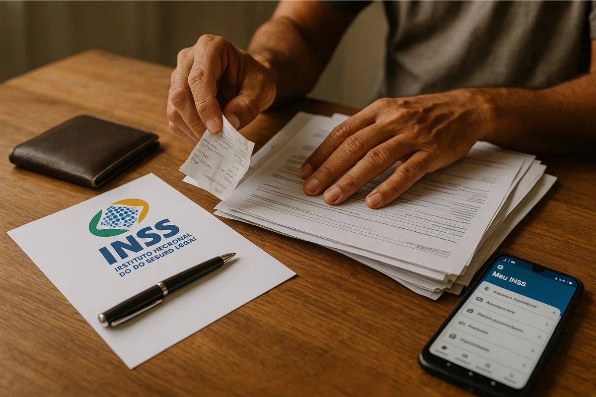 Um rapaz com seus documentos do INSS para pedir a aposentadoria