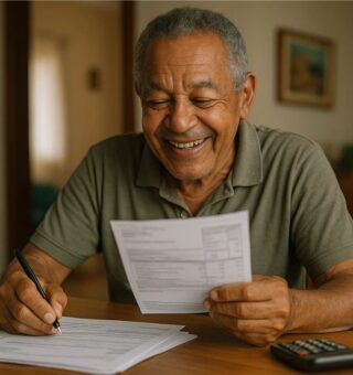 Idoso feliz ao ver que está isento de contas em 2026