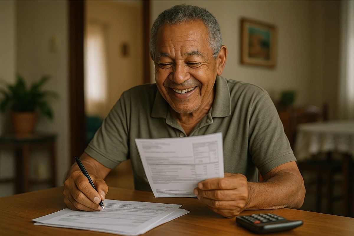 Idoso feliz ao ver que está isento de contas em 2026