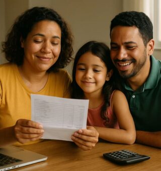 Uma família com a folha de pagamento na mão vendo a Isenção do Imposto de Renda