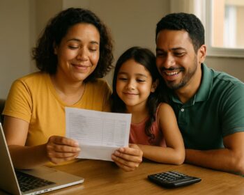 Uma família com a folha de pagamento na mão vendo a Isenção do Imposto de Renda