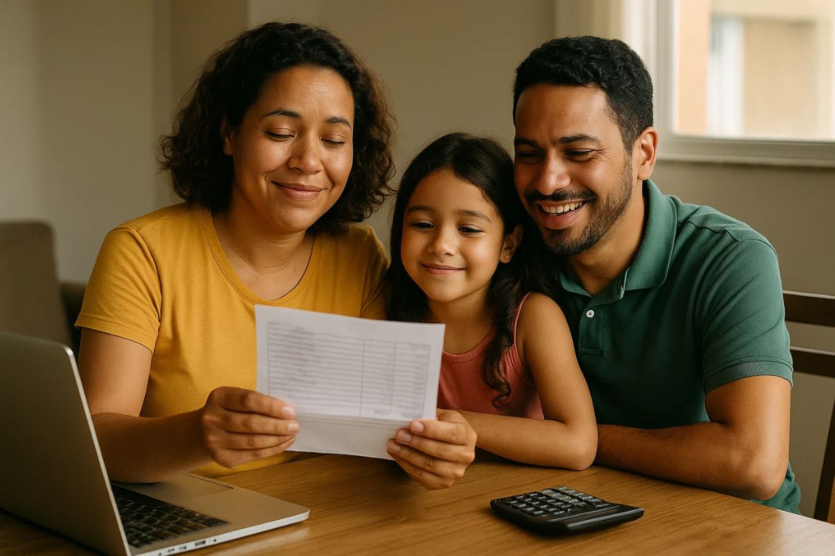 Uma família com a folha de pagamento na mão vendo a Isenção do Imposto de Renda