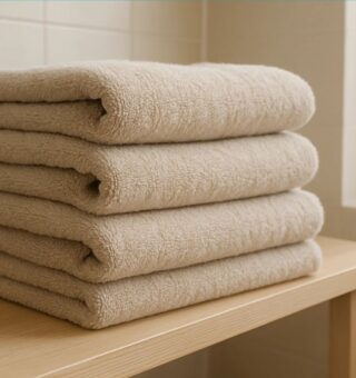 Roupas de banho dobradas de pois de lavar a toalha