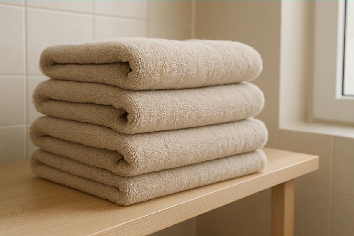 Roupas de banho dobradas de pois de lavar a toalha