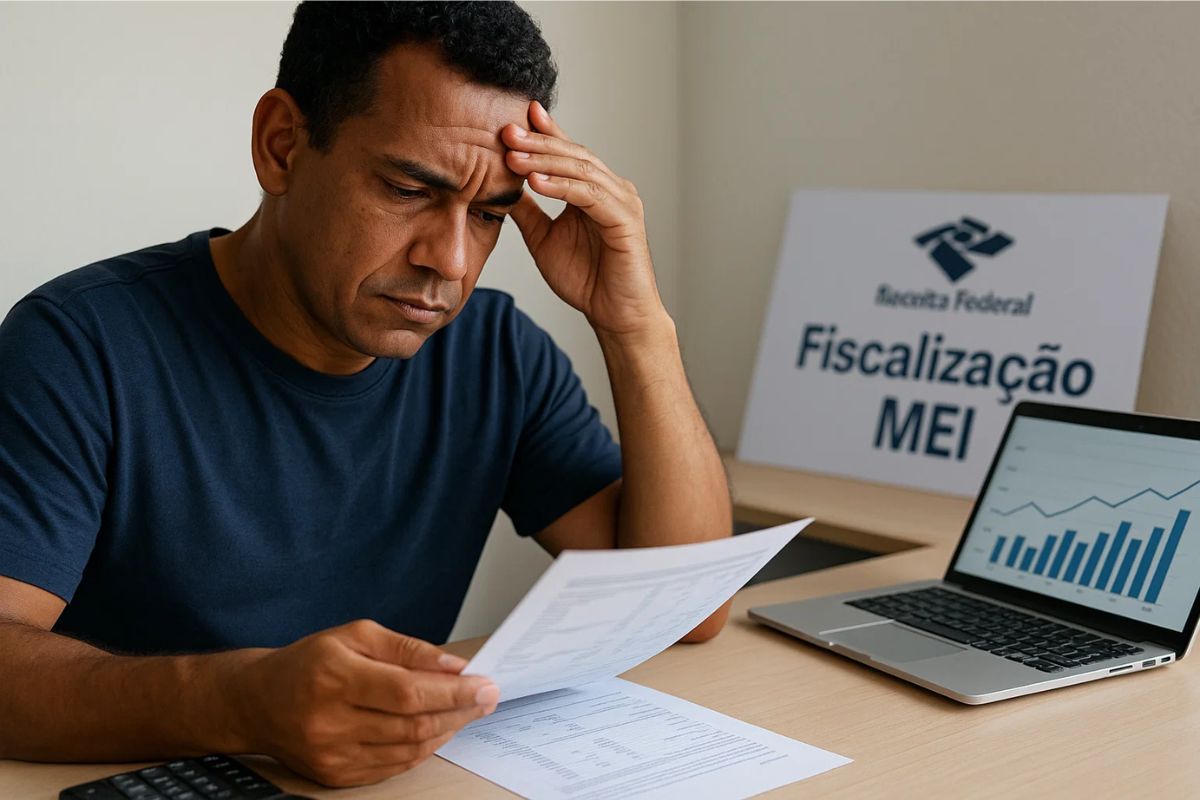 Um MEI analisando documentos no sue escritório