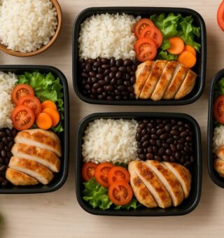 Marmitas de refeição feita em casa, 4 bandejas em cima da mesa