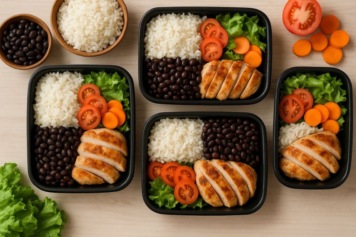 Marmitas de refeição feita em casa, 4 bandejas em cima da mesa