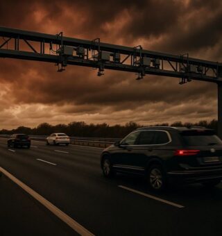 Imagem de carros passando por pedágio automático