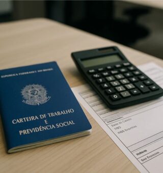 Uma carteira de trabalho ao lado de uma calculadora representando o pagamento do Pis/Pasep - o abono salarial