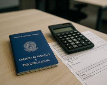 Uma carteira de trabalho ao lado de uma calculadora representando o pagamento do Pis/Pasep - o abono salarial