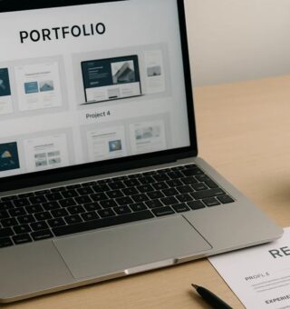 Imagem do portfólio no notebook e um currículo na mesa