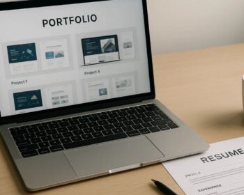 Imagem do portfólio no notebook e um currículo na mesa