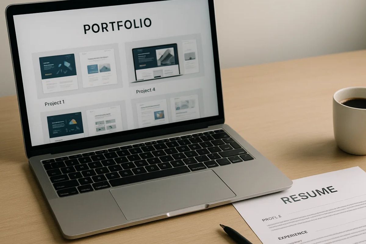 Imagem do portfólio no notebook e um currículo na mesa