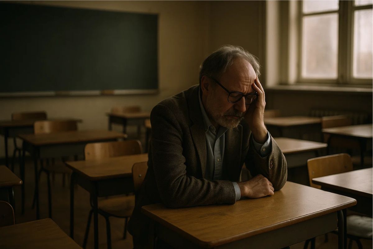 Professor na sala de aula triste na cadeira