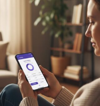 Uma mulher com o celular na mão preocupada em proteger seu dinheiro